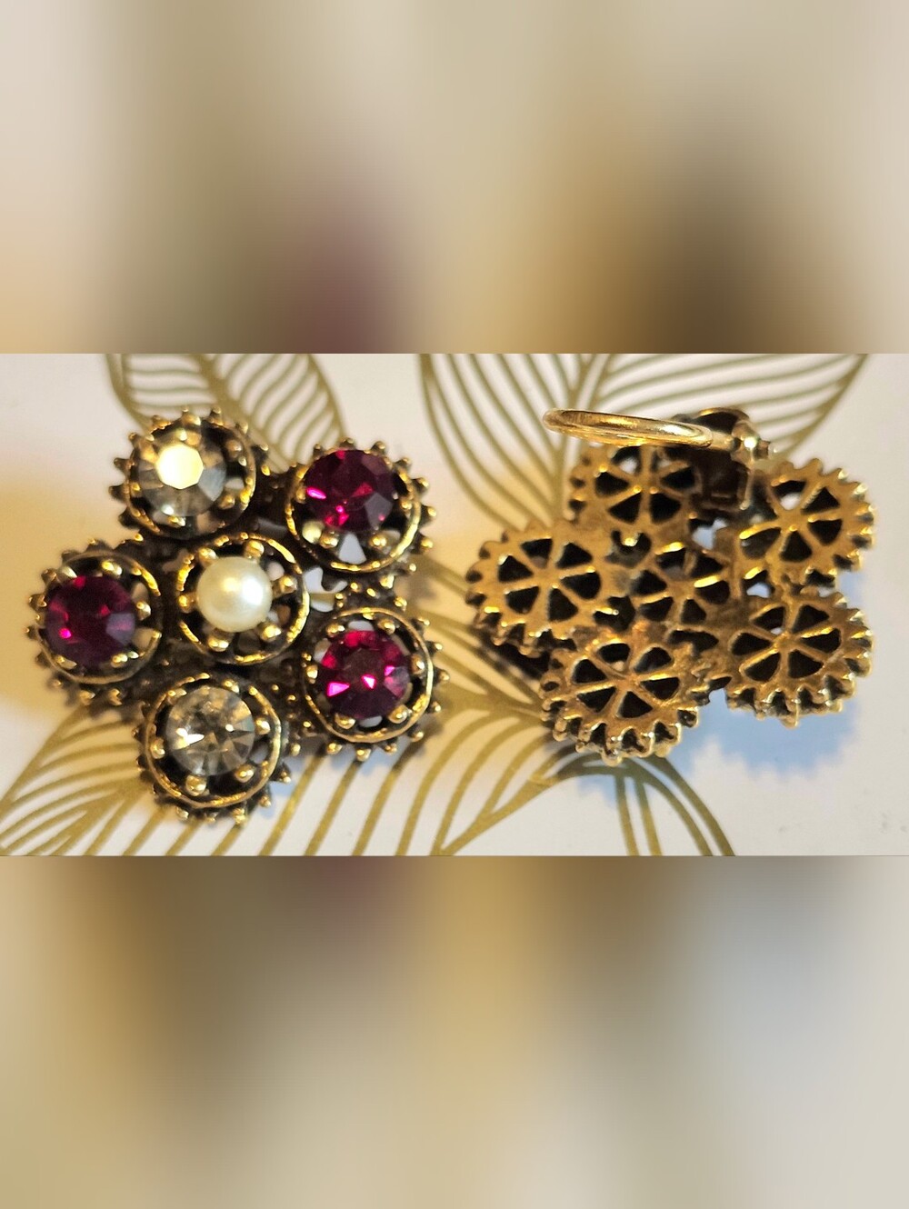 Vintage 1950s Rhinestone & Faux Pearl Cluster Earrings & Bracelet - Picture 6 of 10